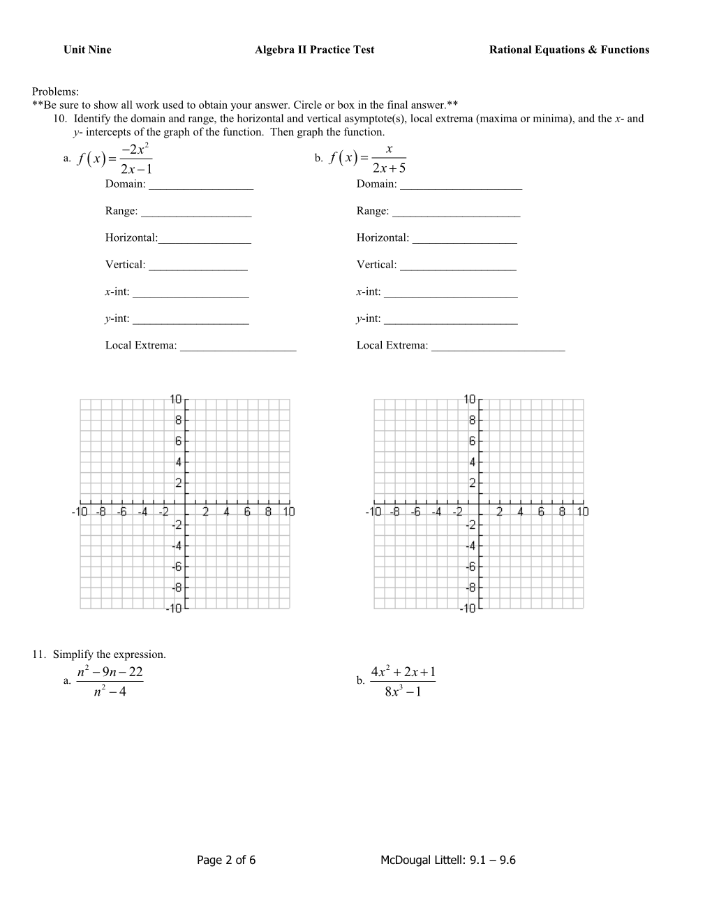 Unit Ninealgebra II Practice Testrational Equations & Functions