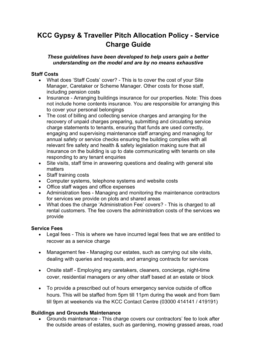 KCC Gypsy & Traveller Pitch Allocation Policy - Service Charge Guide