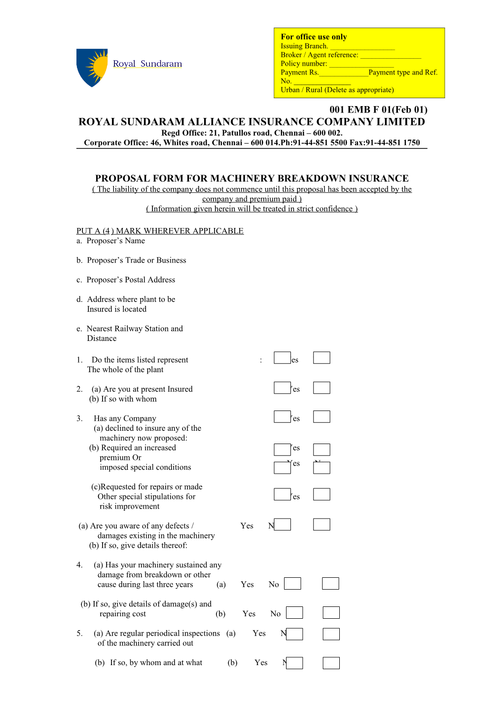 Proposal Form for Machinery Insurance