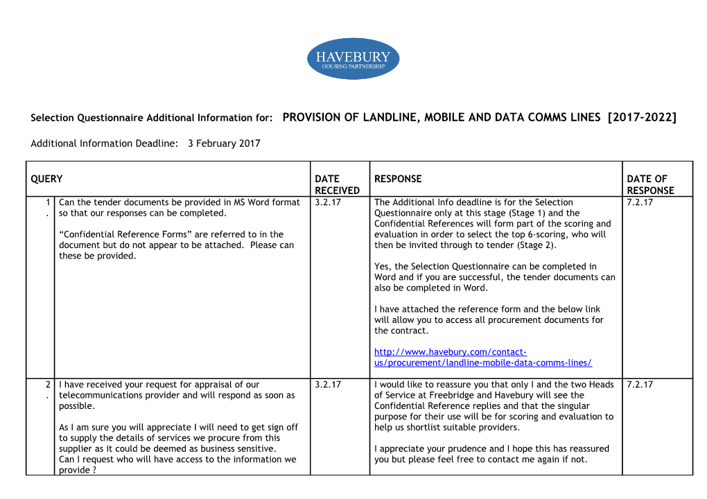 Selection Questionnaire Additional Information For: PROVISION of LANDLINE, MOBILE AND