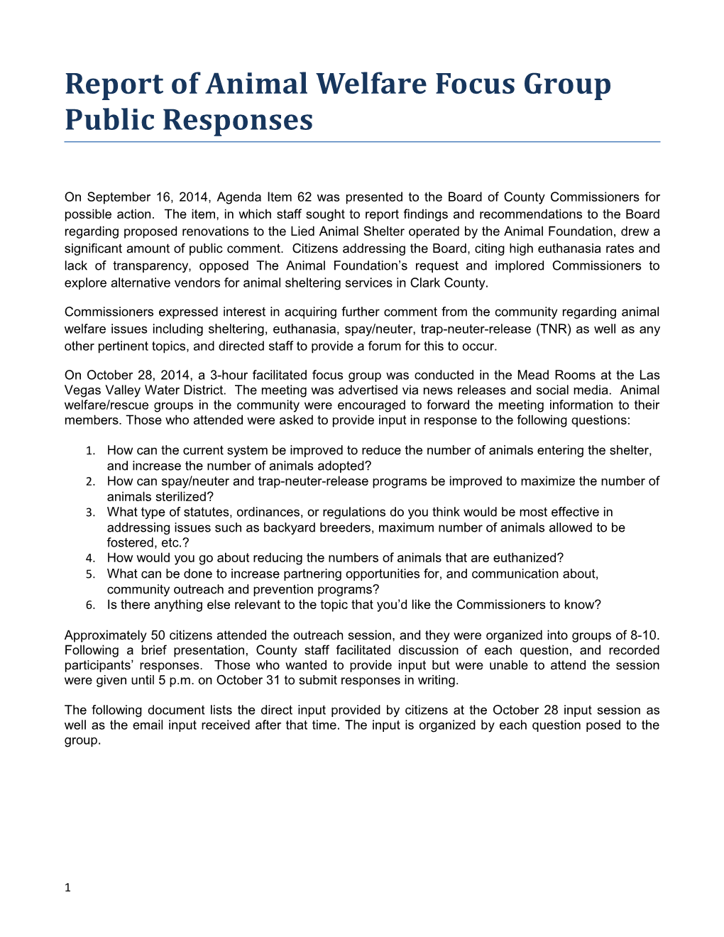 Report of Animal Welfare Focus Group Public Responses