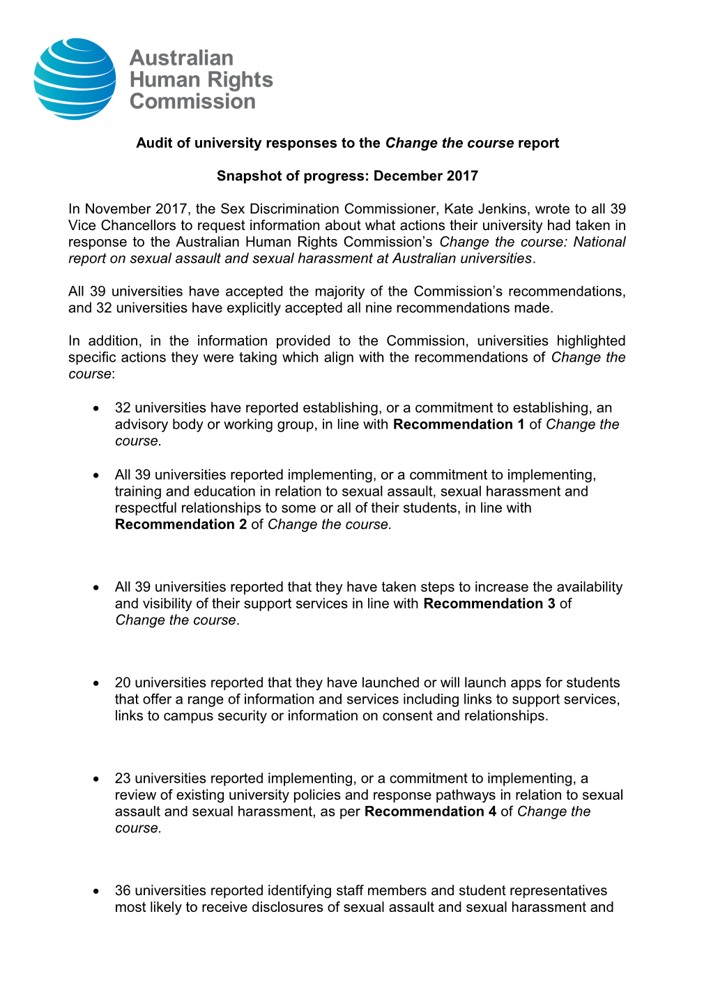 Audit of University Responses to the Change the Course Report