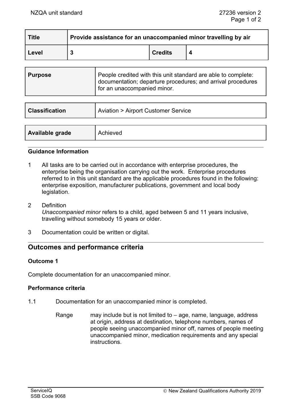 27236 Provide Assistance for an Unaccompanied Minor Travelling by Air