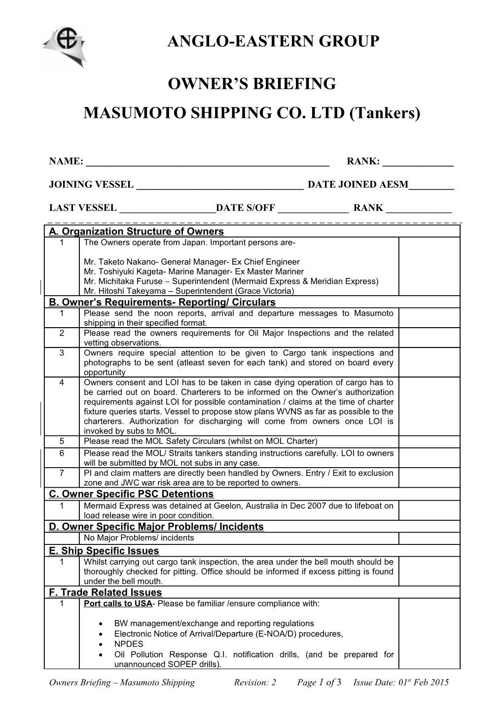 Owners Briefing- Masumoto Shipping (AE- Singapore)