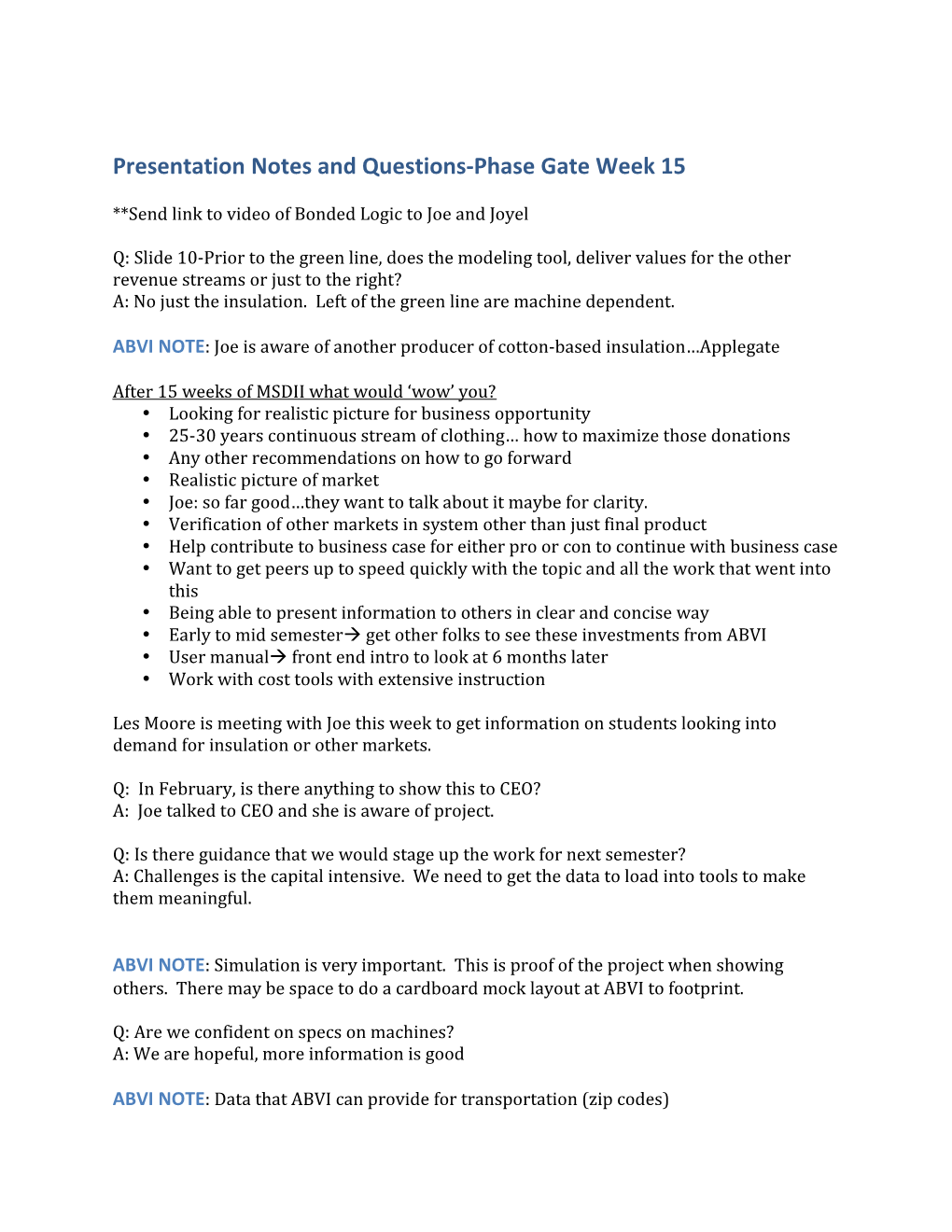 Presentation Notes and Questions-Phase Gate Week 15