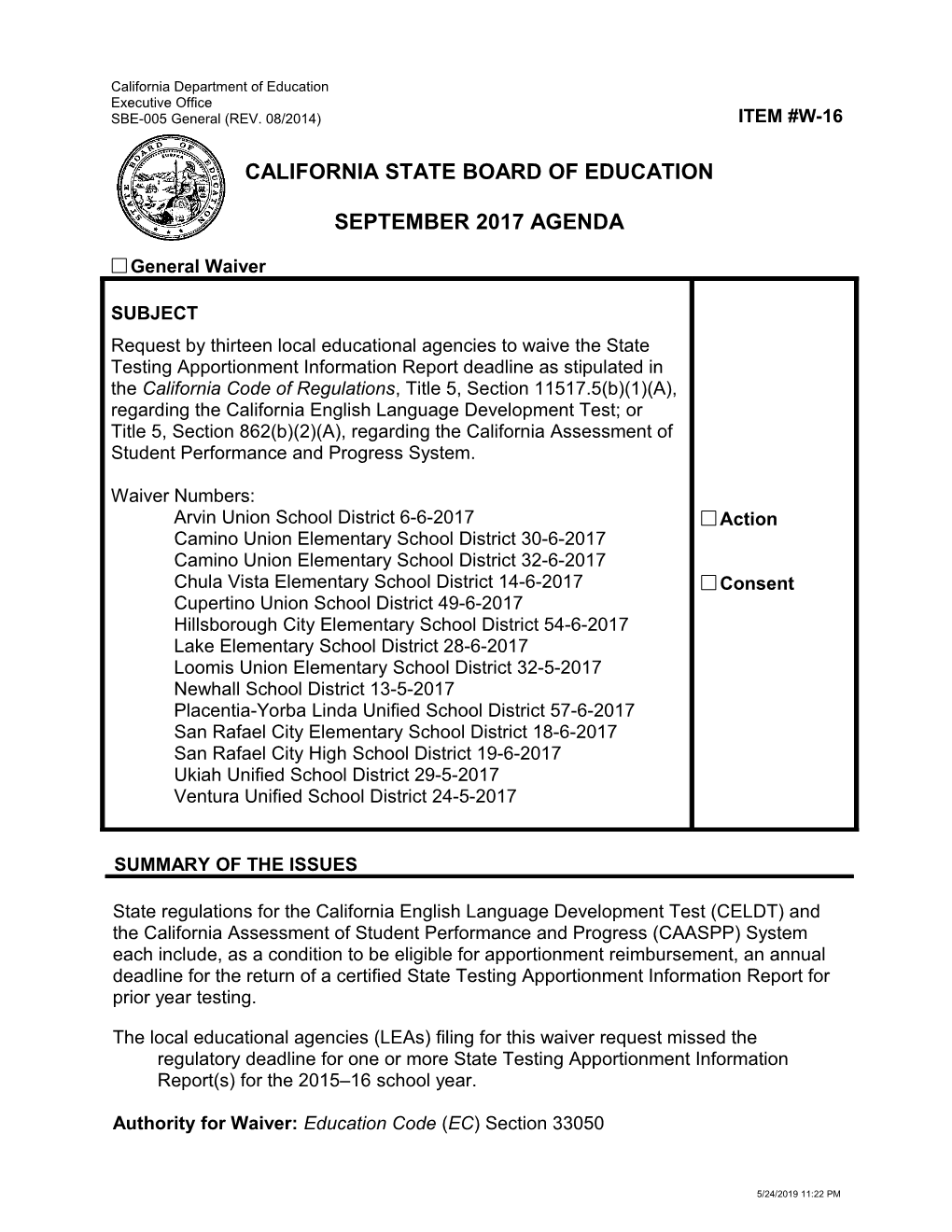 September 2017 Waiver Item W-16 - Meeting Agendas (CA State Board of Education)