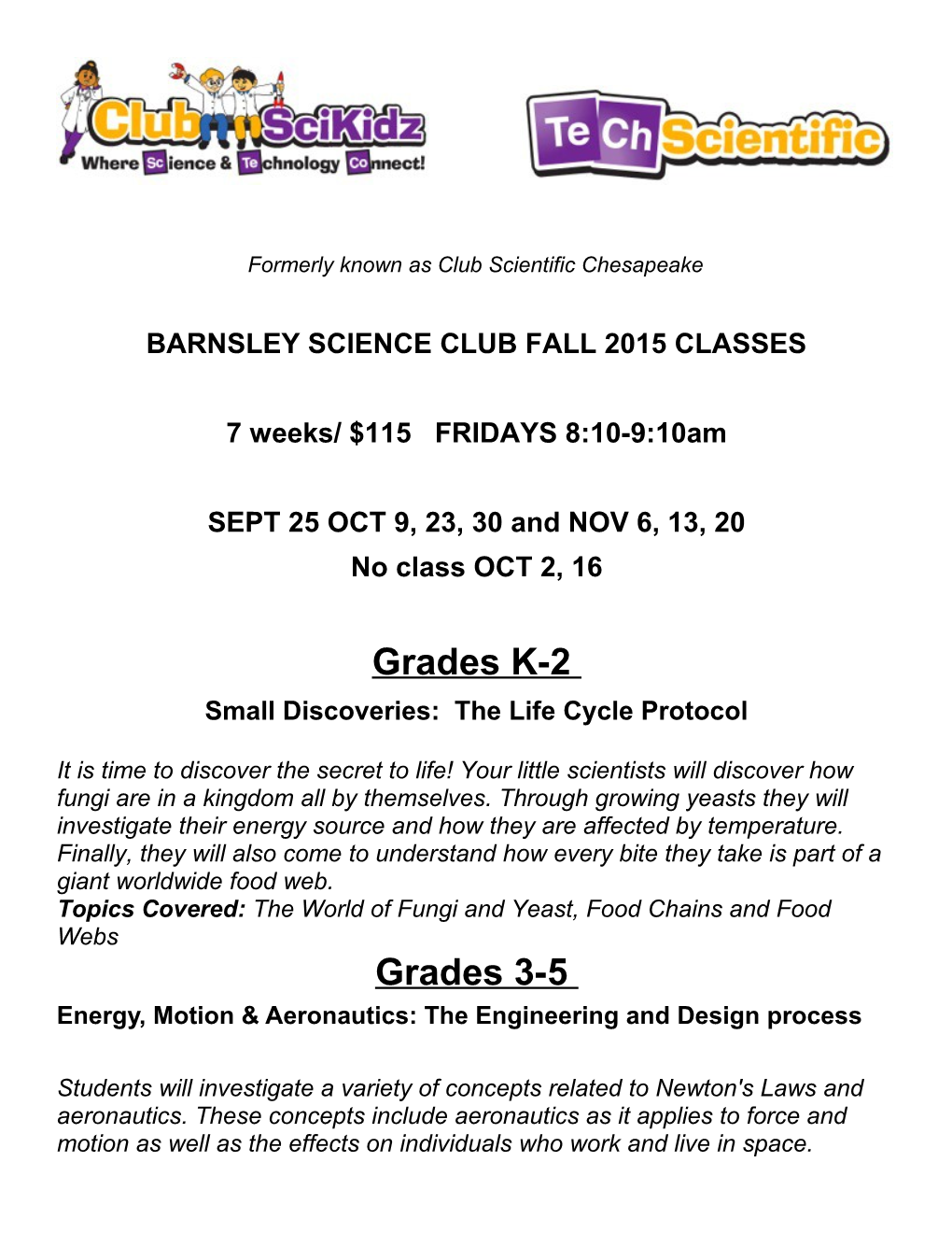 Barnsley Science Club Fall 2015 Classes
