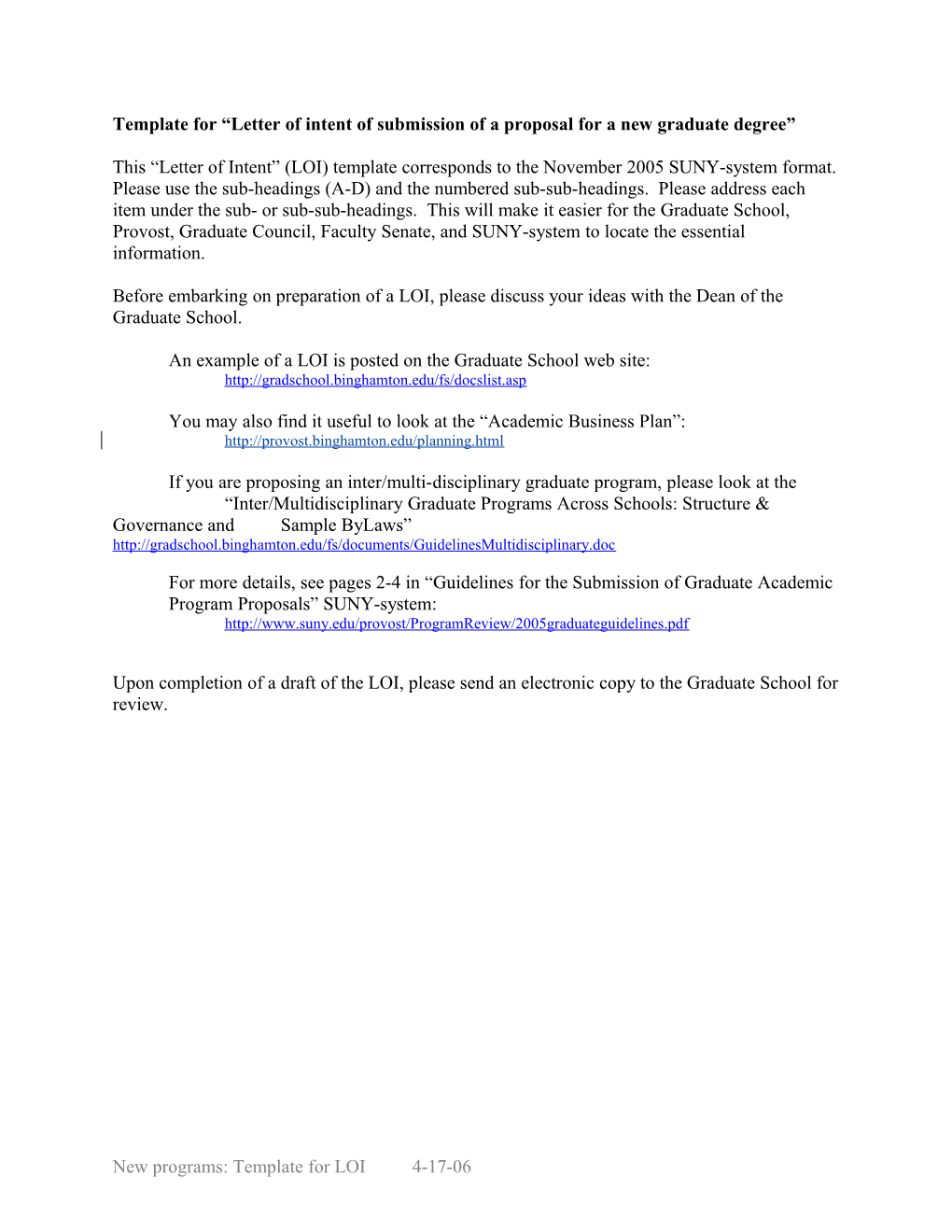 Template for Letter of Intent of Submission of a Proposal for a New Graduate Degree