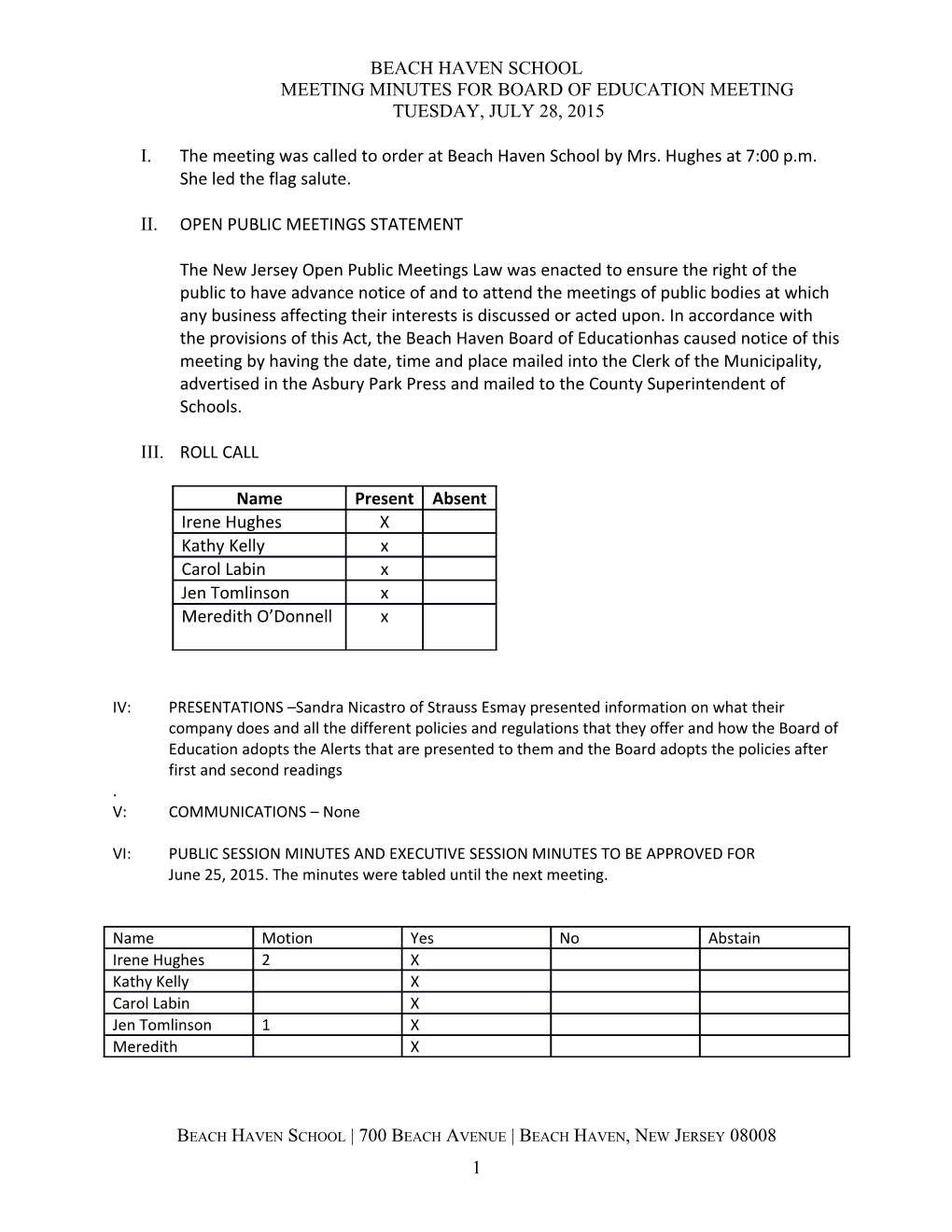 Meeting Minutes for Board of Education Meeting