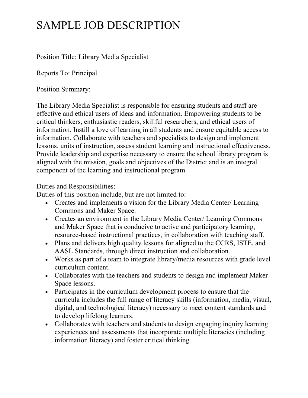 Library Media Specialist Sample Job Description