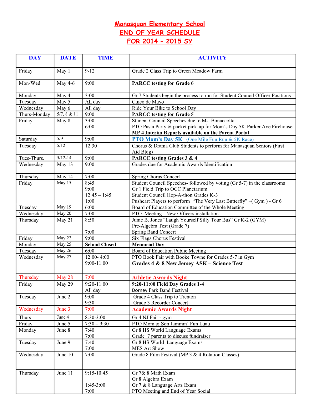 End of Year Schedule for 1999 - 2000