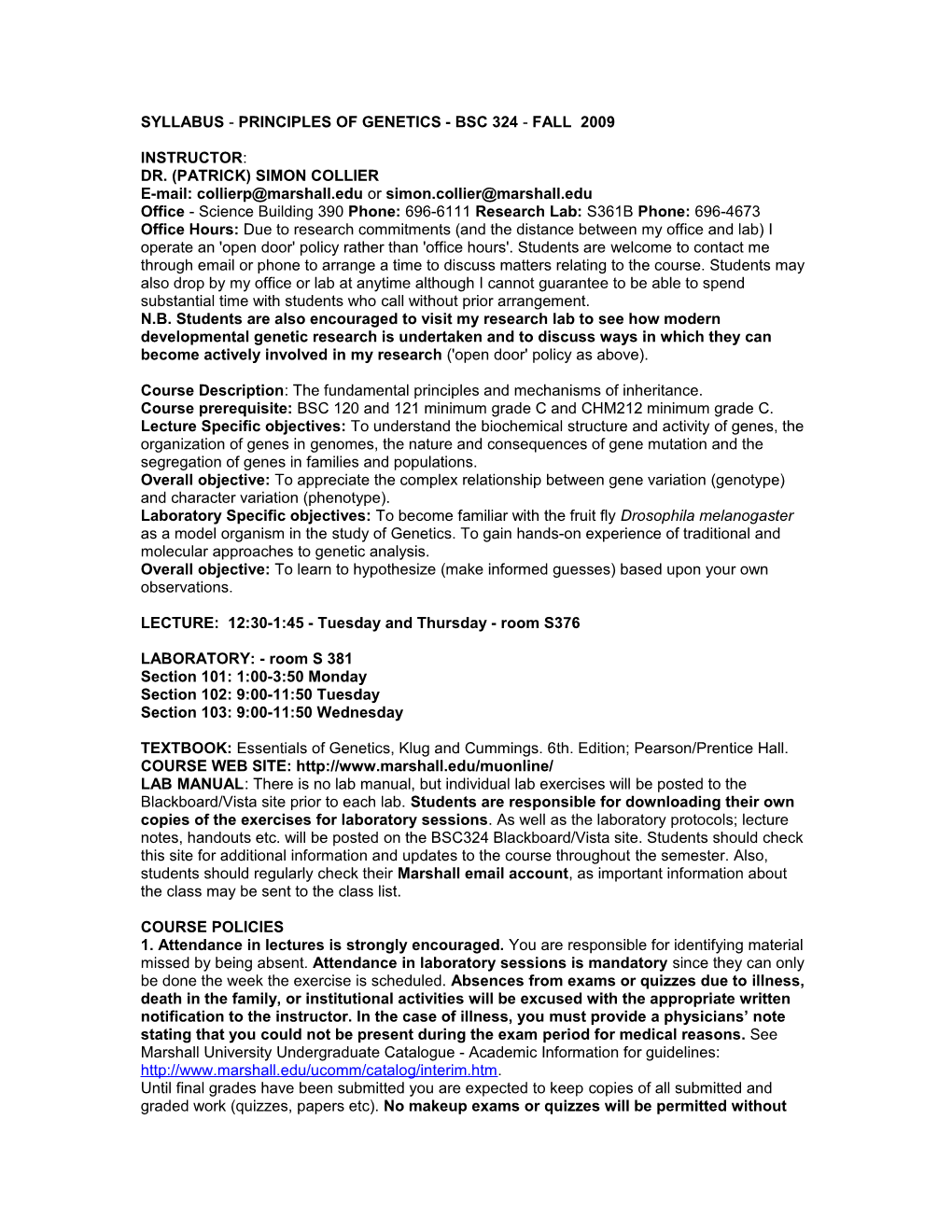 Syllabus - Principles of Genetics - Bsc 324 - Fall 2009