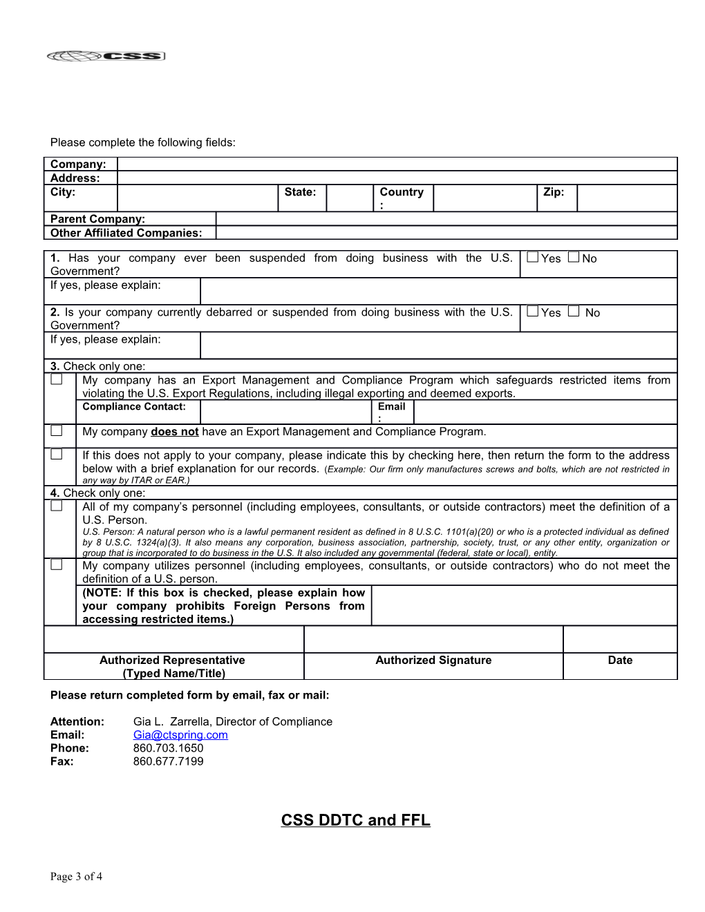 ITAR / EAR Compliance Documentation & Annual Vendor/Supplier Profile
