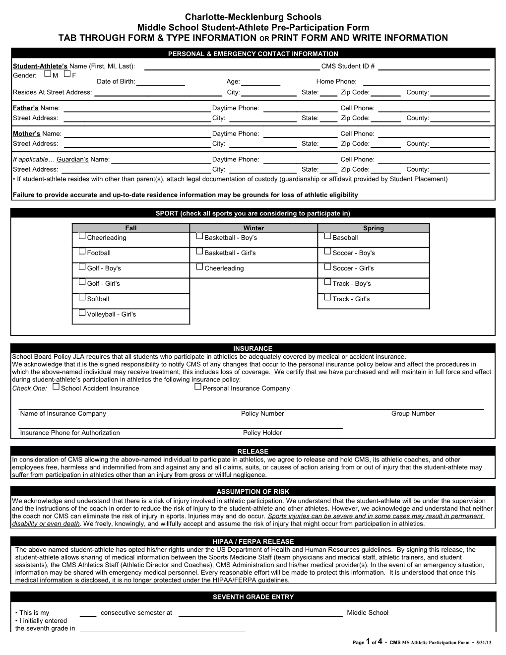 CMS MS Athletic Participation Form