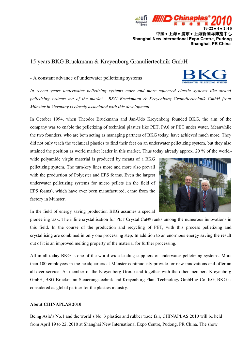 15 Jahre BKG Bruckmann & Kreyenborg Granuliertechnik Gmbh