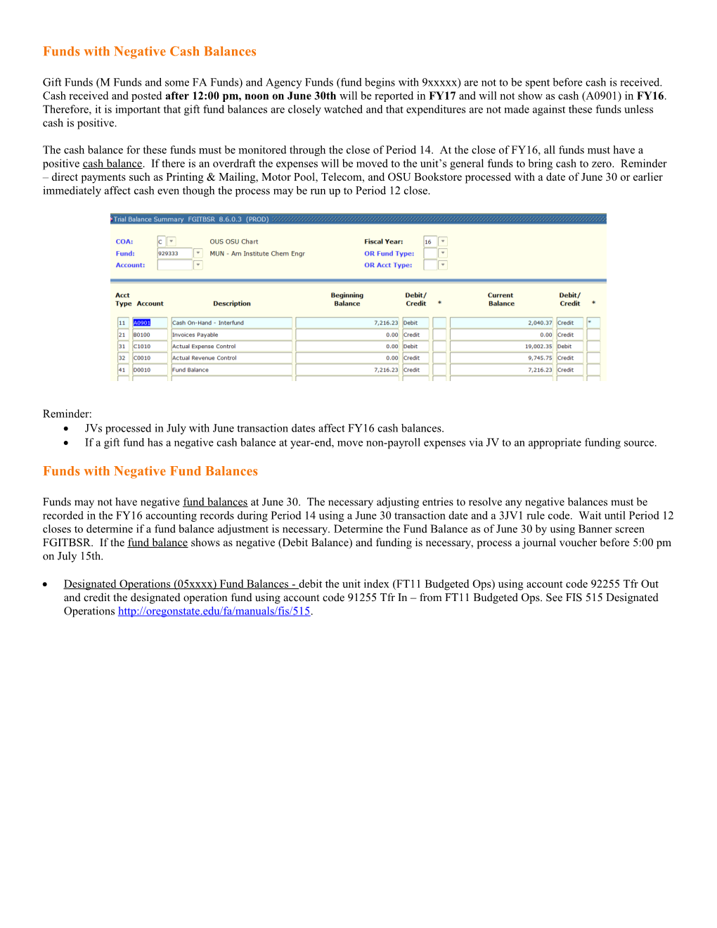 Funds with Negative Cash Balances