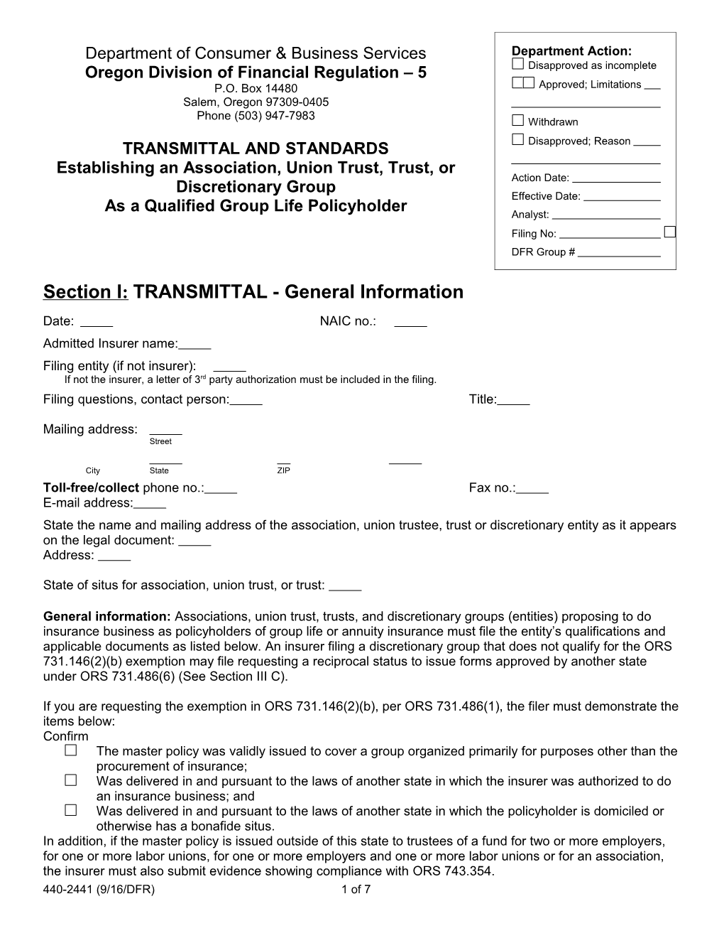 Form 2441, Transmittal and Standards Establishing an Association, Union Trust, Trust, Or