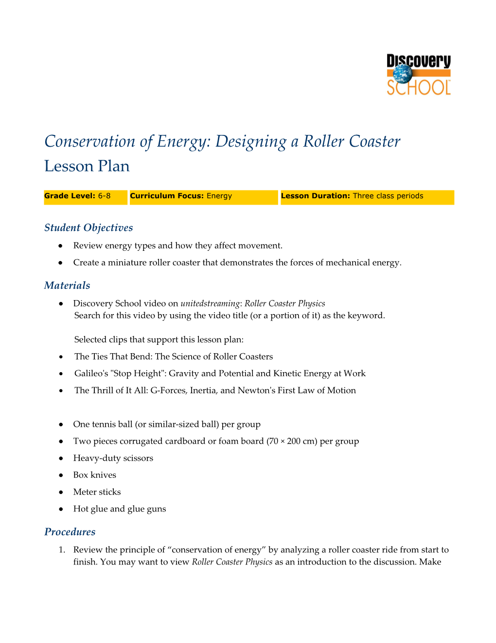 Conservation of Energy: Designing a Roller Coaster 1