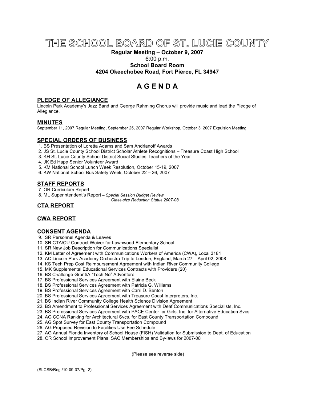 10-09-07 SLCSB Regular Meeting Agenda