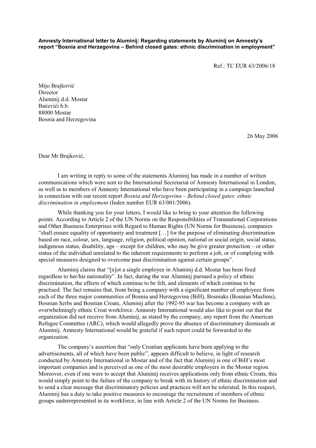 Amnesty International Letter to Aluminij: Regarding Statements by Aluminij on Amnesty