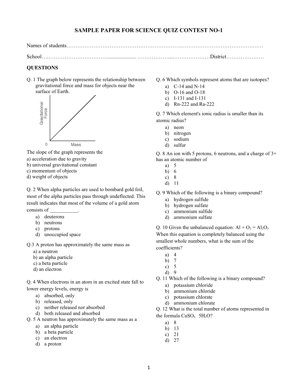 Sample Paper for Science Quiz Contest No-1