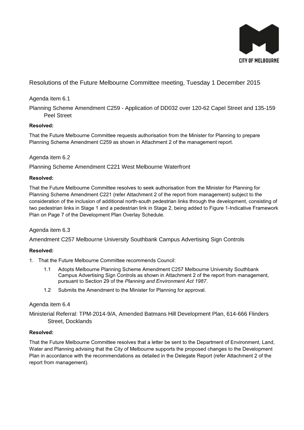 1 December 2015 FMC Meeting Resolutions