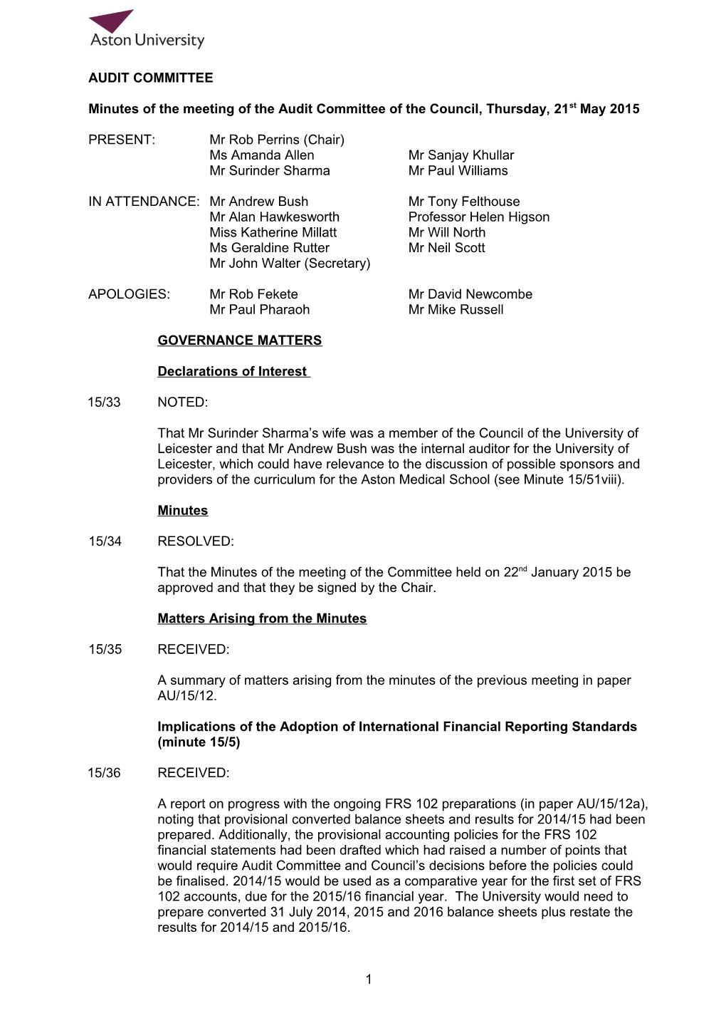 Minutes of the Meeting of the Audit Committee of the Council, Thursday, 21St May 2015