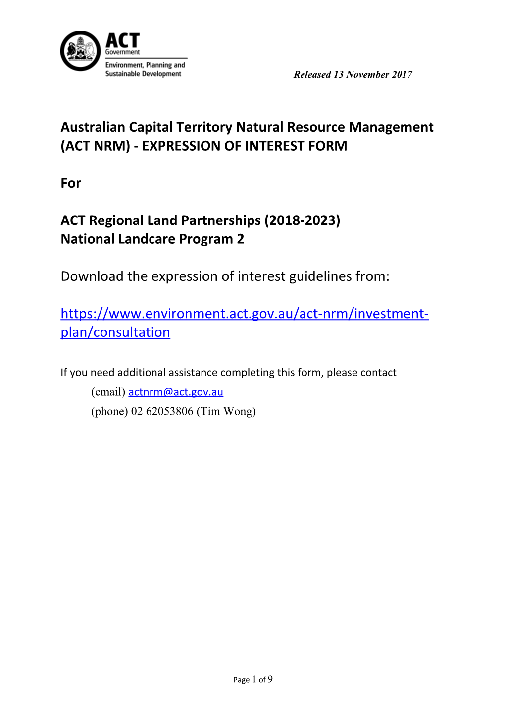 Australian Capital Territory Natural Resource Management (ACT NRM) - EXPRESSION of INTEREST