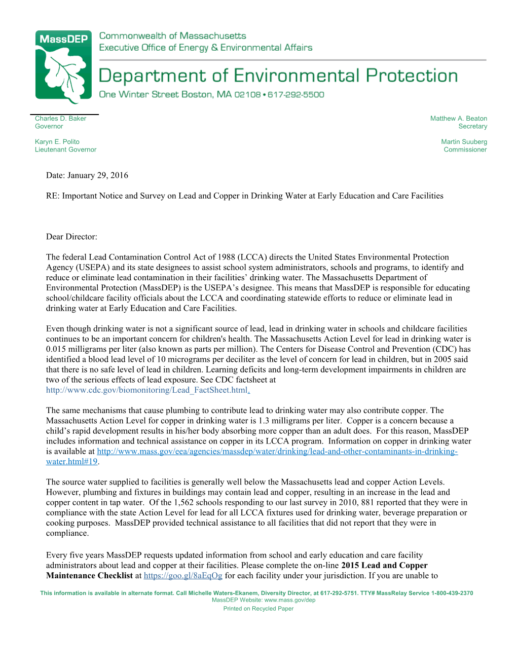 RE: Important Notice and Survey on Lead and Copper in Drinking Water at Early Education