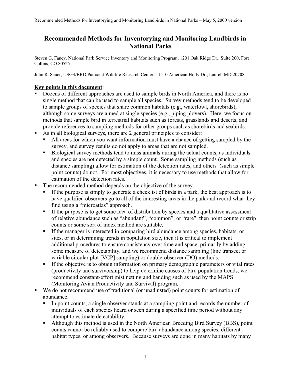 Recommended Methods for Inventorying and Monitoring Landbirds in National Parks