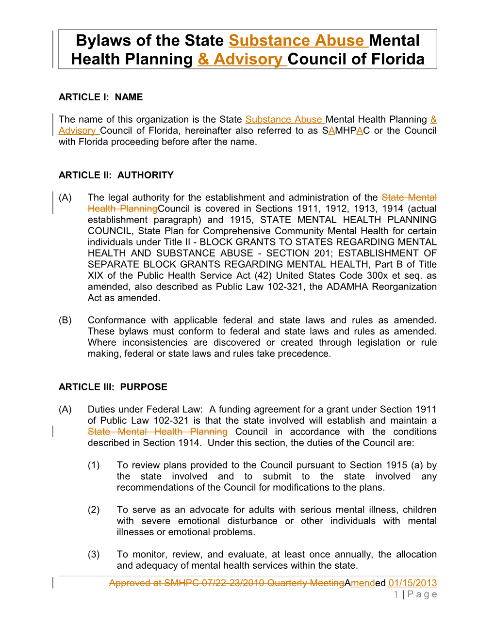 Bylawsofthestate Substance Abuse Mentalhealthplanning Advisory Councilofflorida