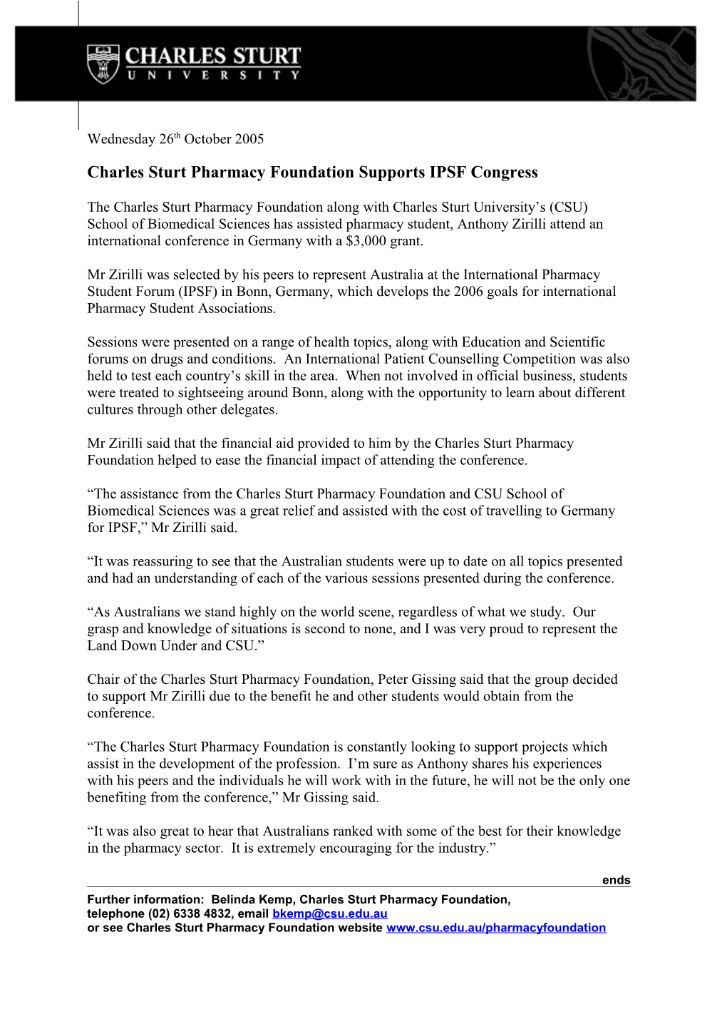 Charles Sturt Pharmacy Foundation Supports IPSF Congress