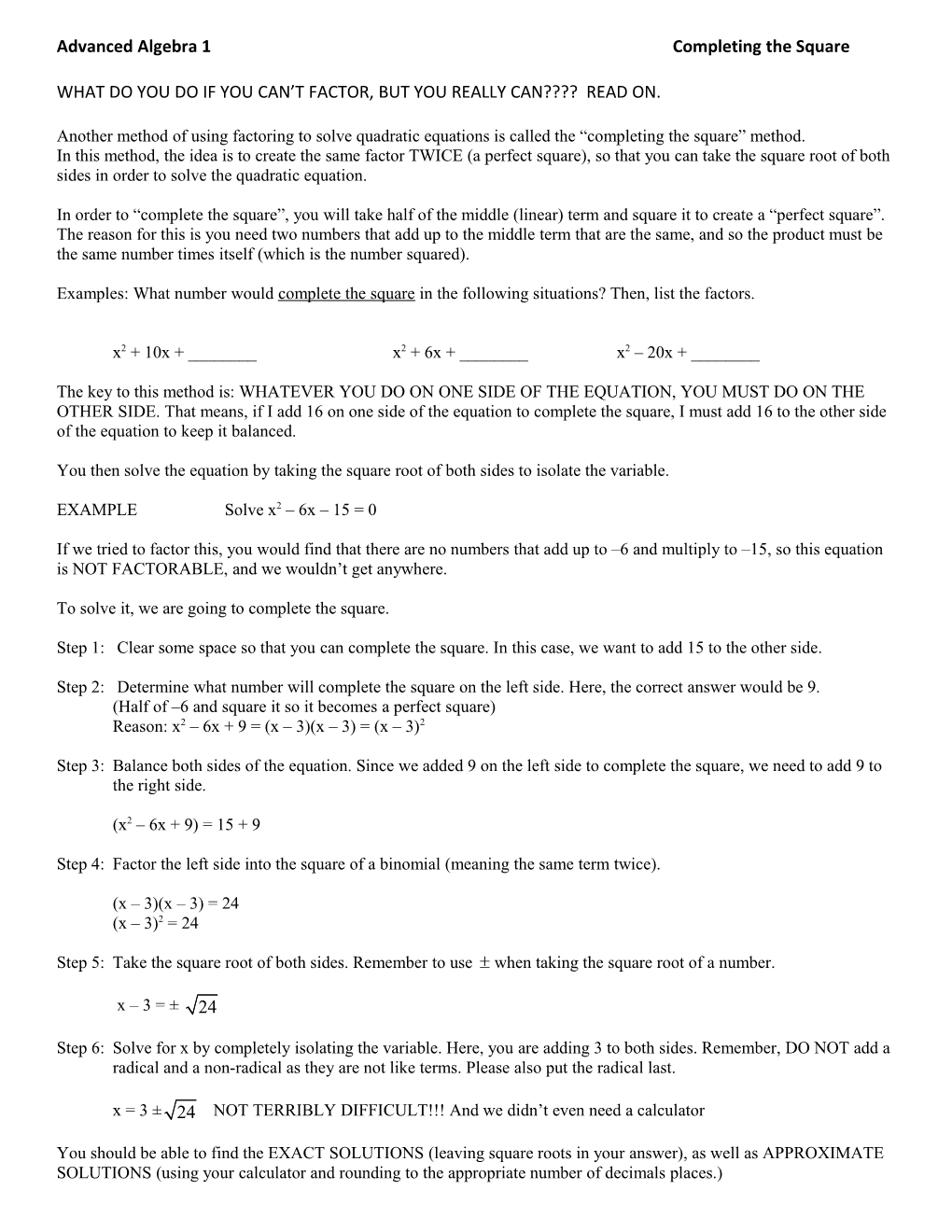 Advanced Algebra 1Completing the Square