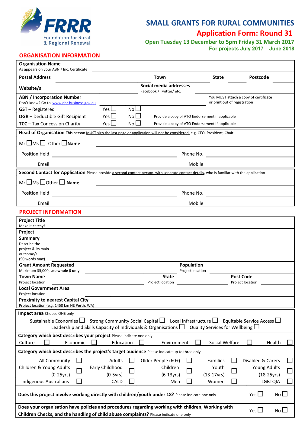 SMALL GRANTS for RURAL Communitiesapplication Form: Round 31