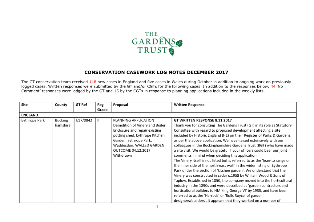 Conservation Casework Log Notes December 2017