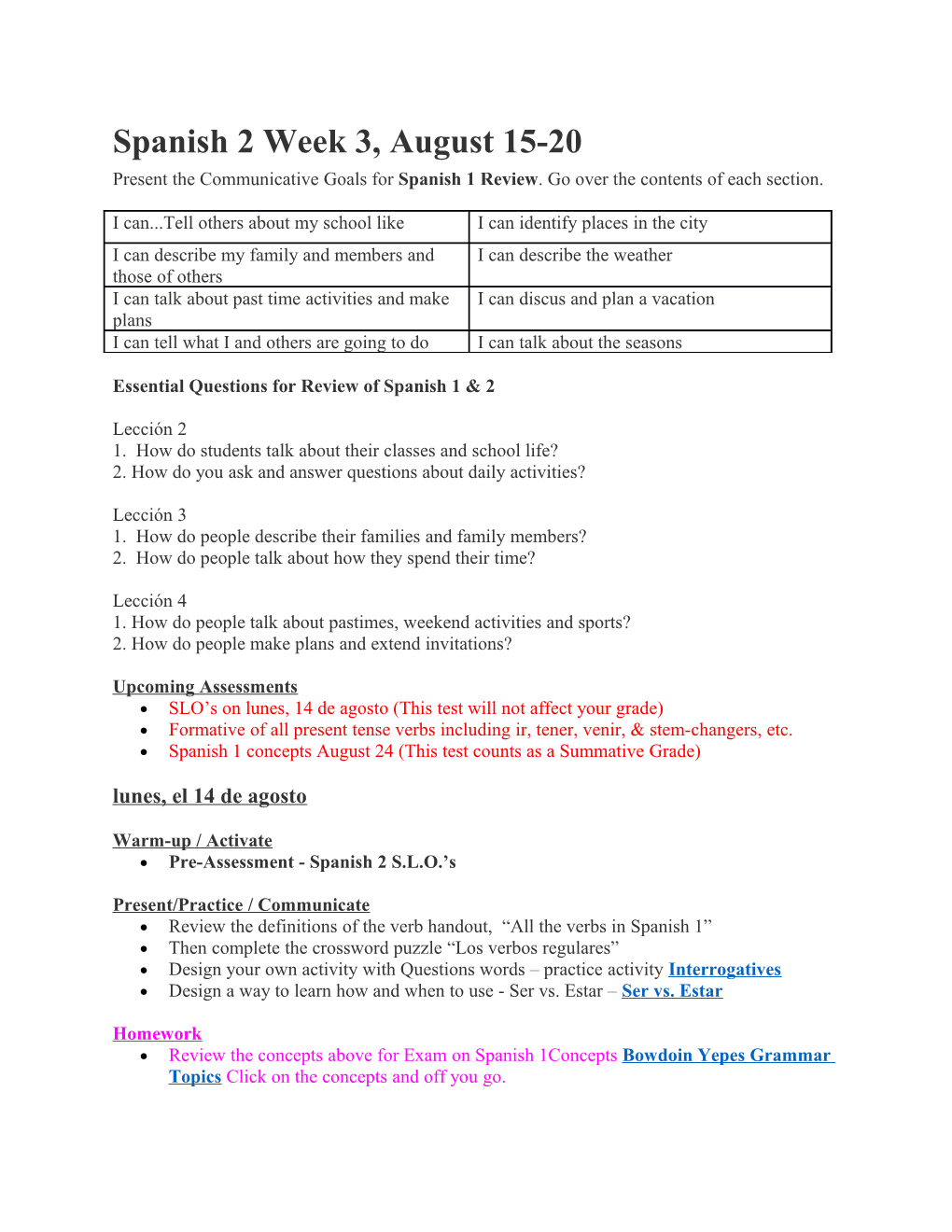 Essential Questions for Review of Spanish 1 & 2