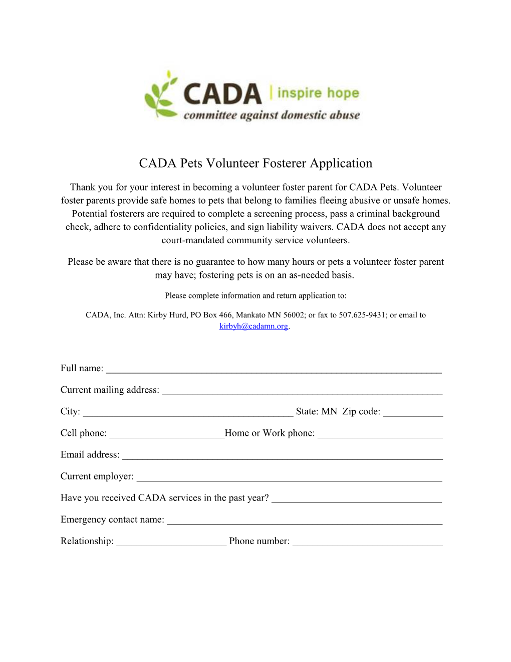 CADA Pets Volunteer Fosterer Application