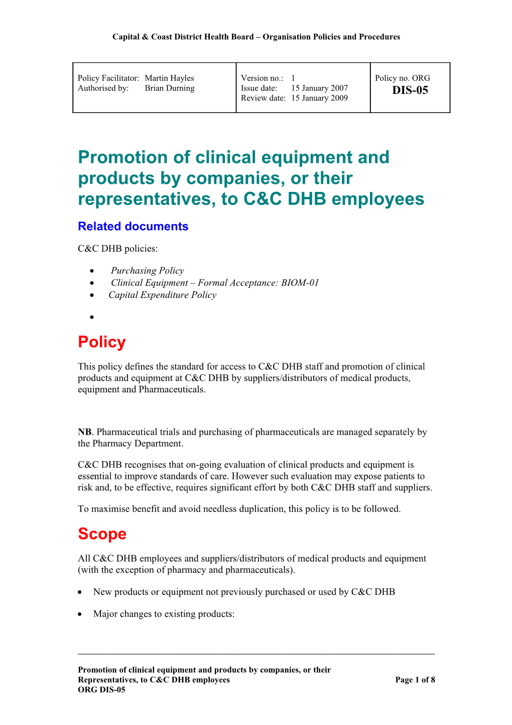 Capital & Coast District Health Board Organisation Clinical Policies and Procedures