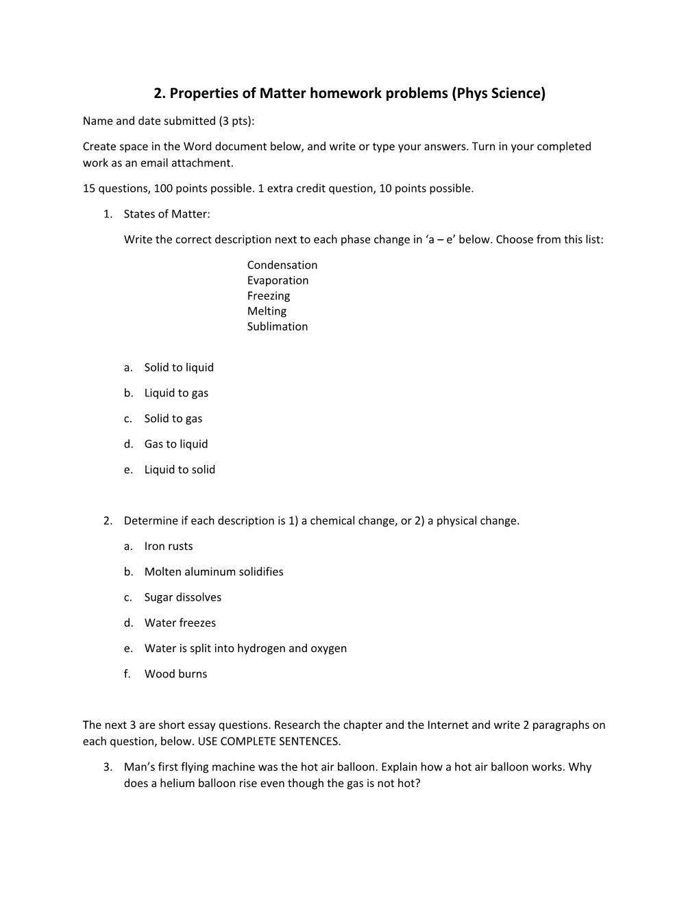 2. Properties of Matter Homework Problems (Phys Science)