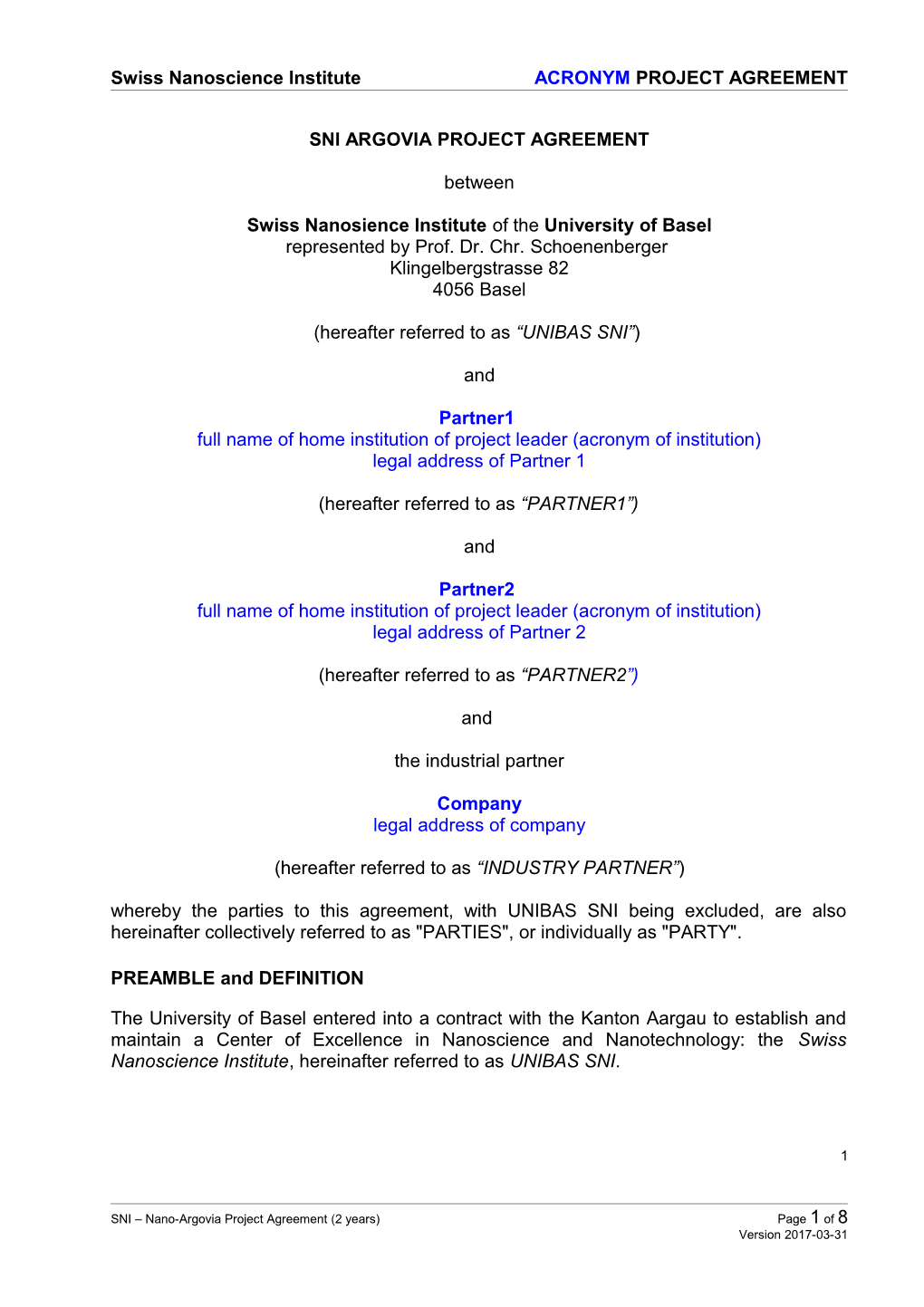 SNI Argovia Project Agreement