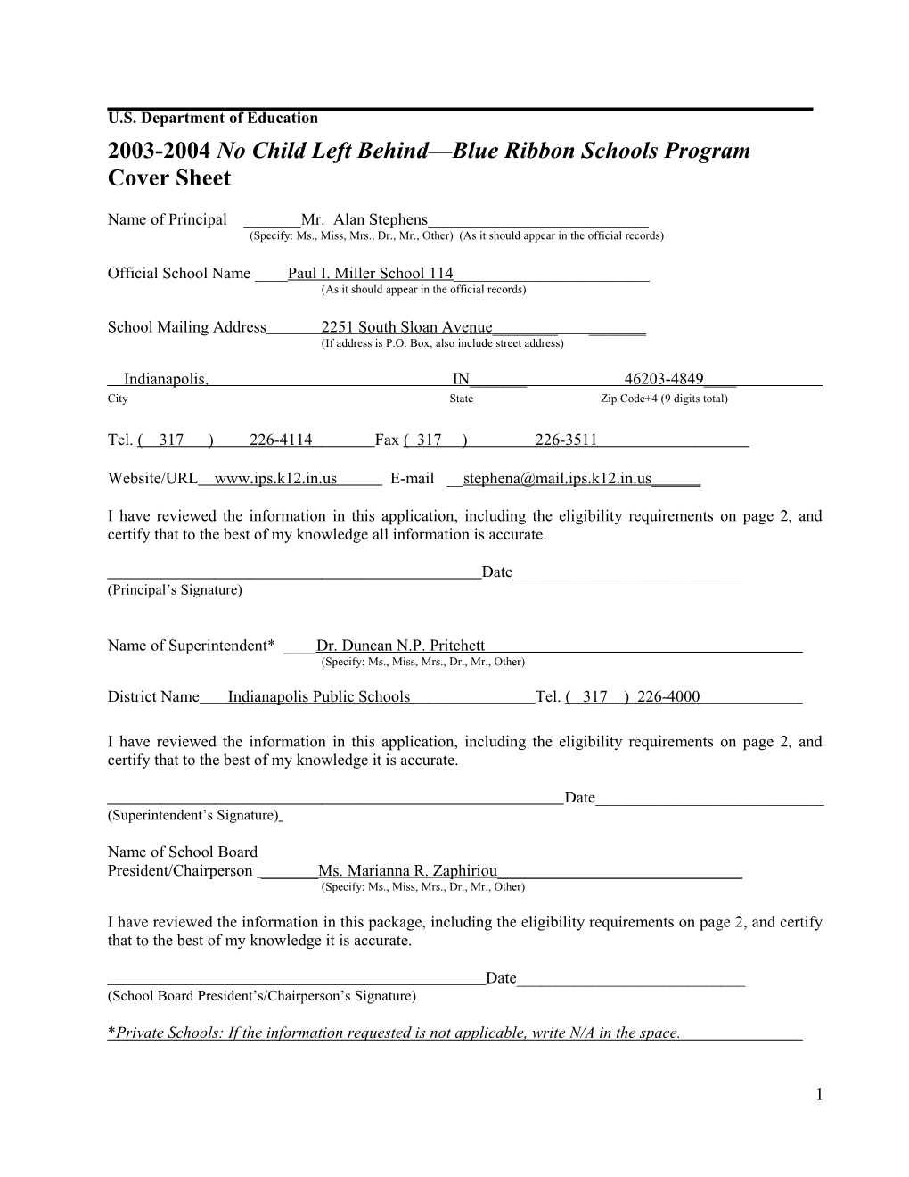 Paul I. Miller School 114 2004 No Child Left Behind-Blue Ribbon School Application (Msword)