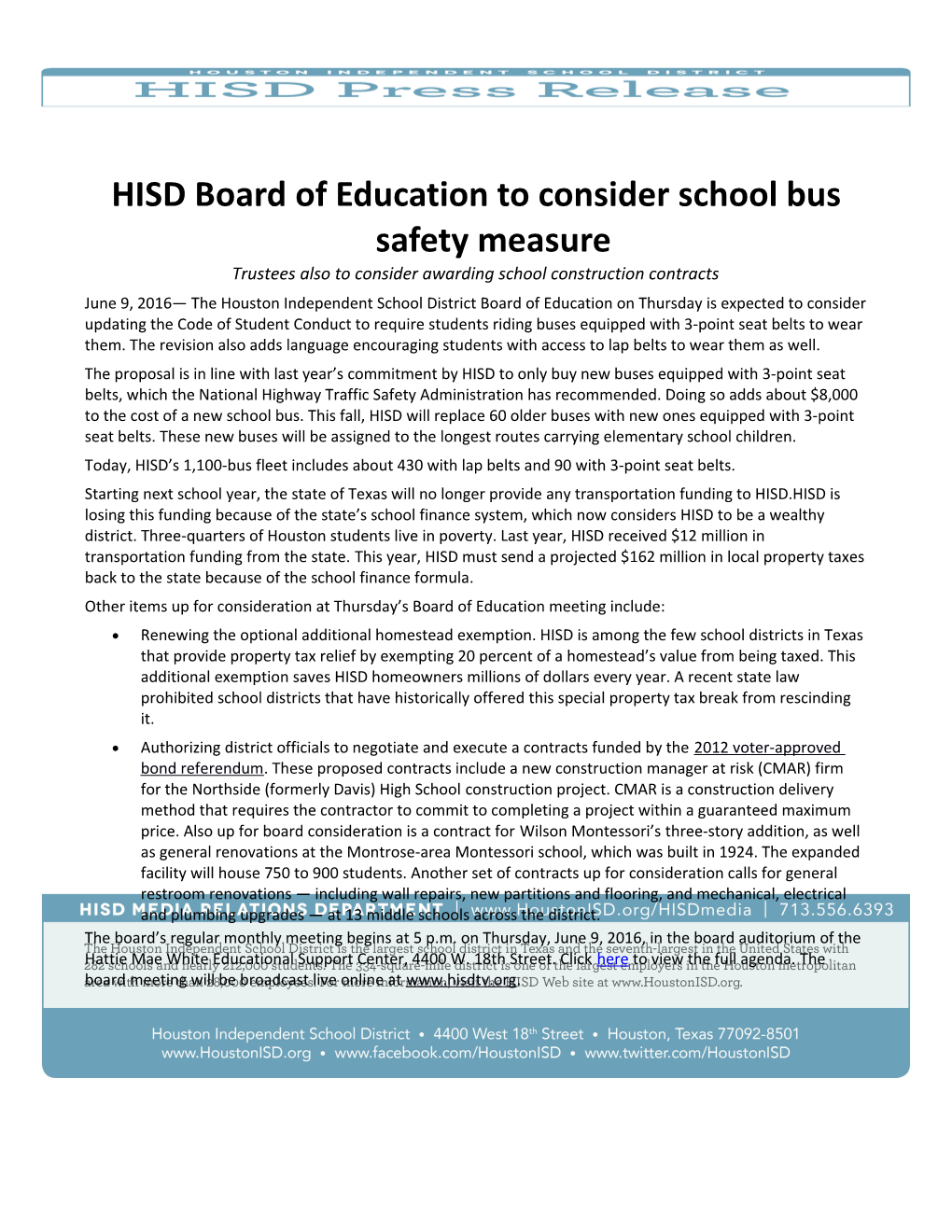 HISD Board of Education to Consider School Bus Safety Measure
