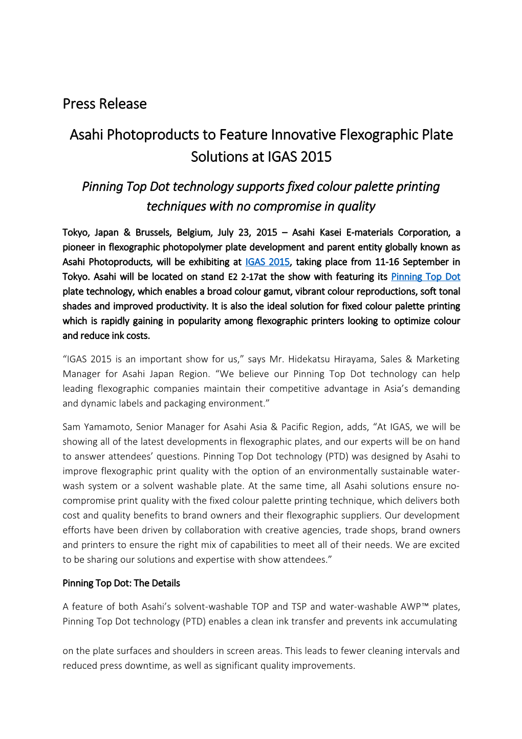 Asahi Photoproducts to Feature Innovative Flexographic Plate Solutions at IGAS 2015