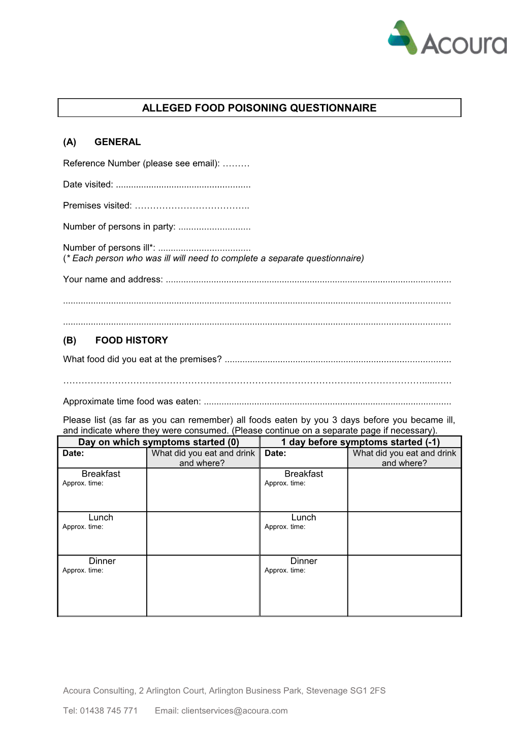 Alleged Food Poisoning Questionnaire