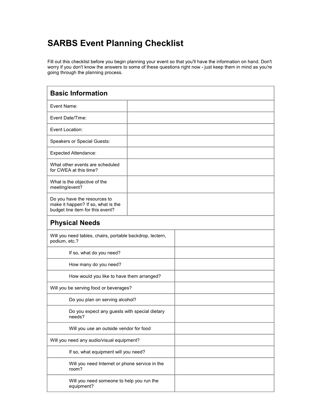 Fill out This Checklist Before You Begin Planning Your Event So That You'll Have the Information