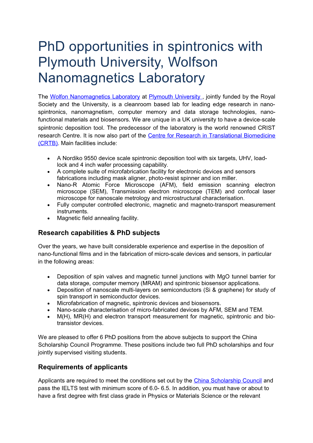 Phd Opportunities in Spintronics with Plymouth University, Wolfson Nanomagnetics Laboratory