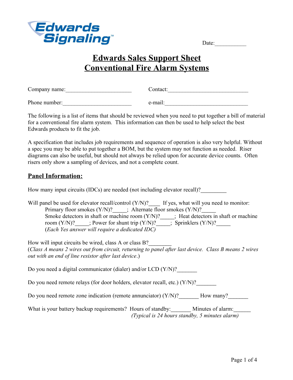 Edwards Sales Support Sheet