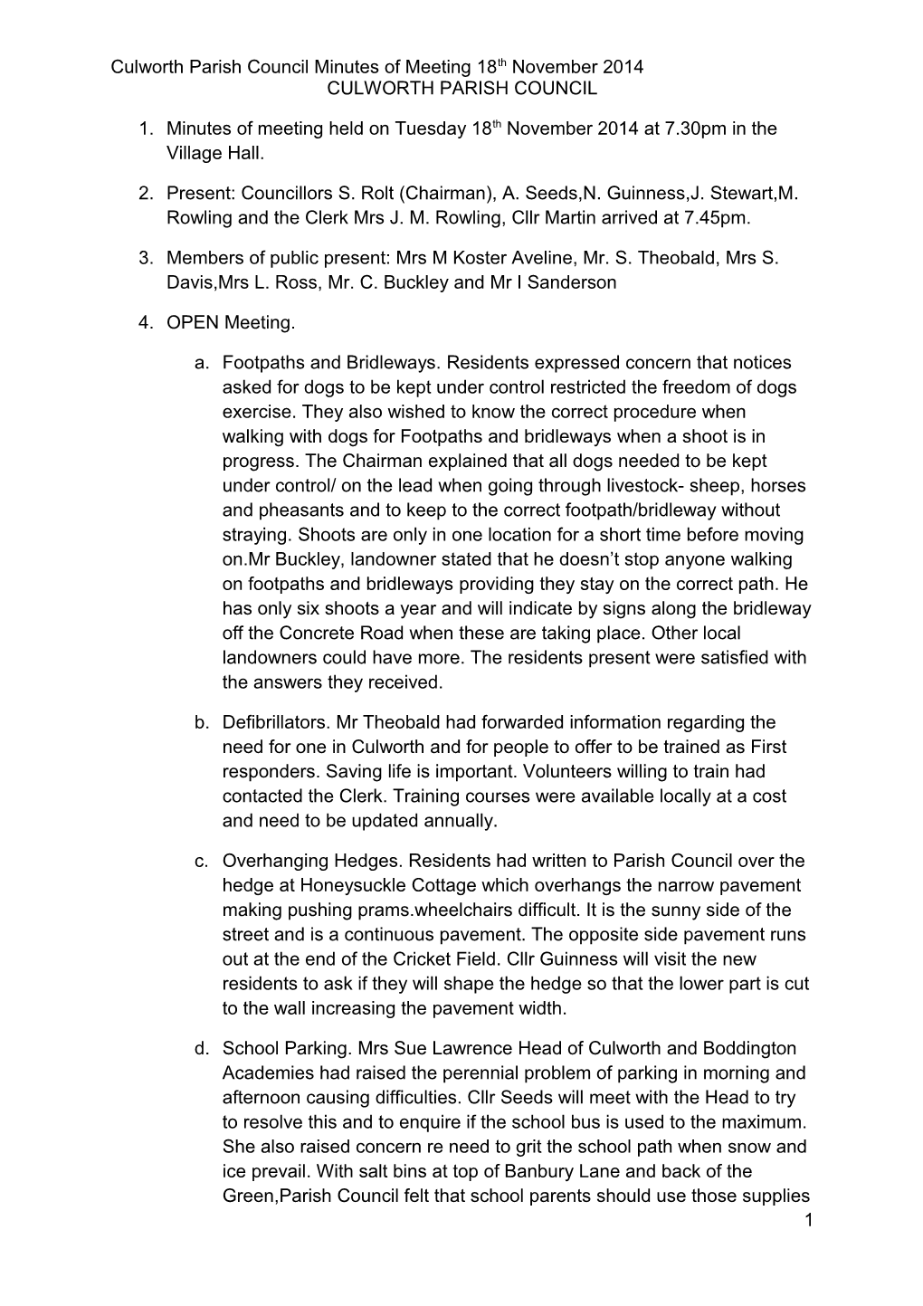 Culworth Parish Council Minutes of Meeting 18Th November 2014