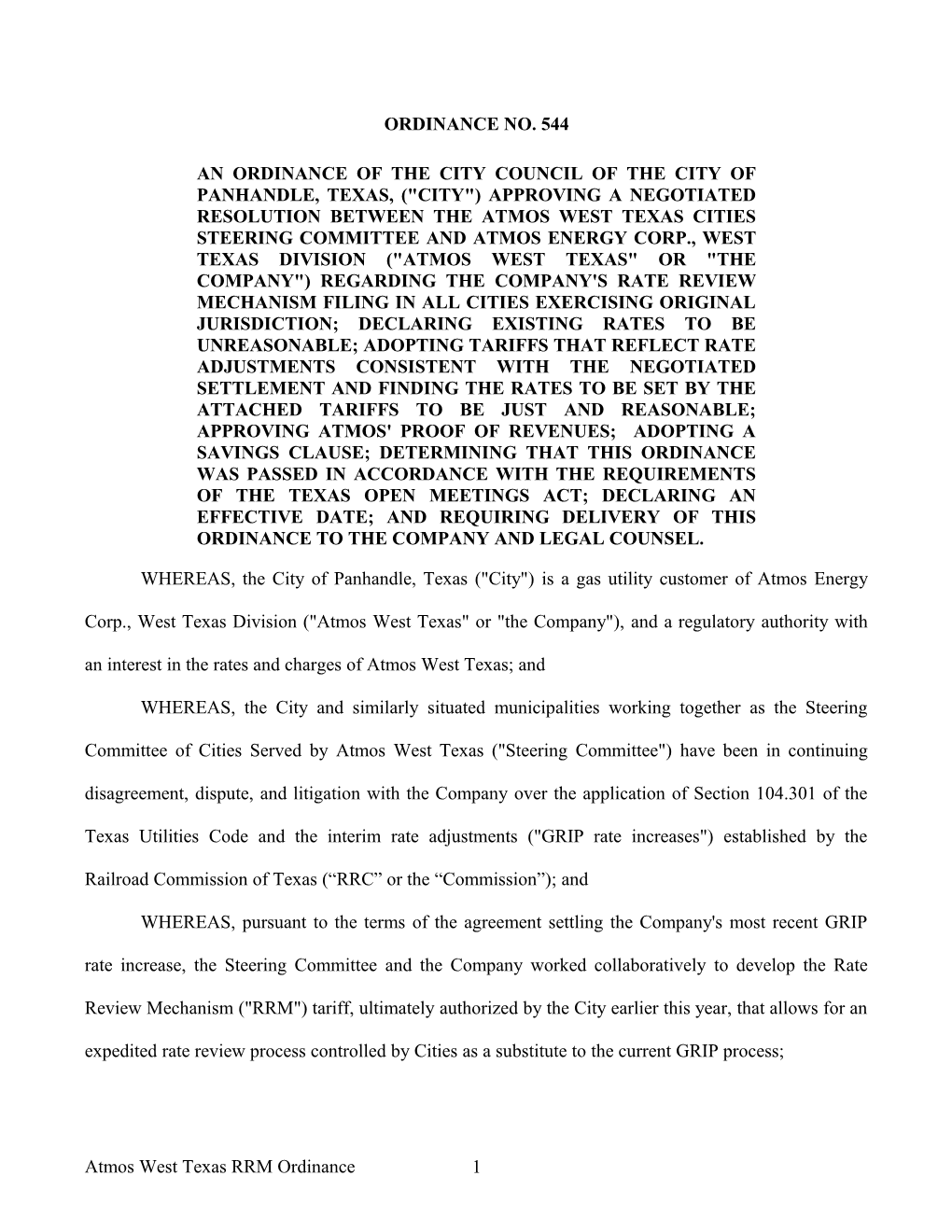 An Ordinance of the City Council of the City of PANHANDLE, Texas, ( City ) Approving A