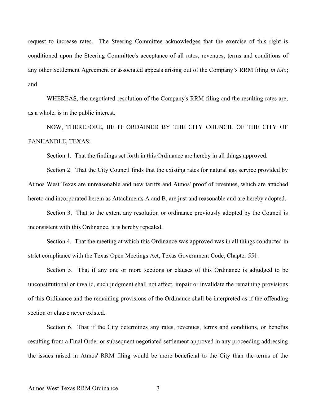 An Ordinance of the City Council of the City of PANHANDLE, Texas, ( City ) Approving A